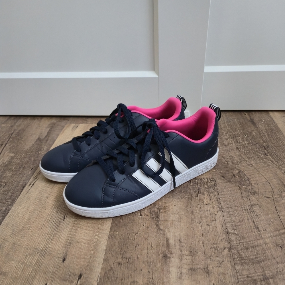 Adidas Womens Navy and White Sneakers with Pink Accents Size 7 1/2